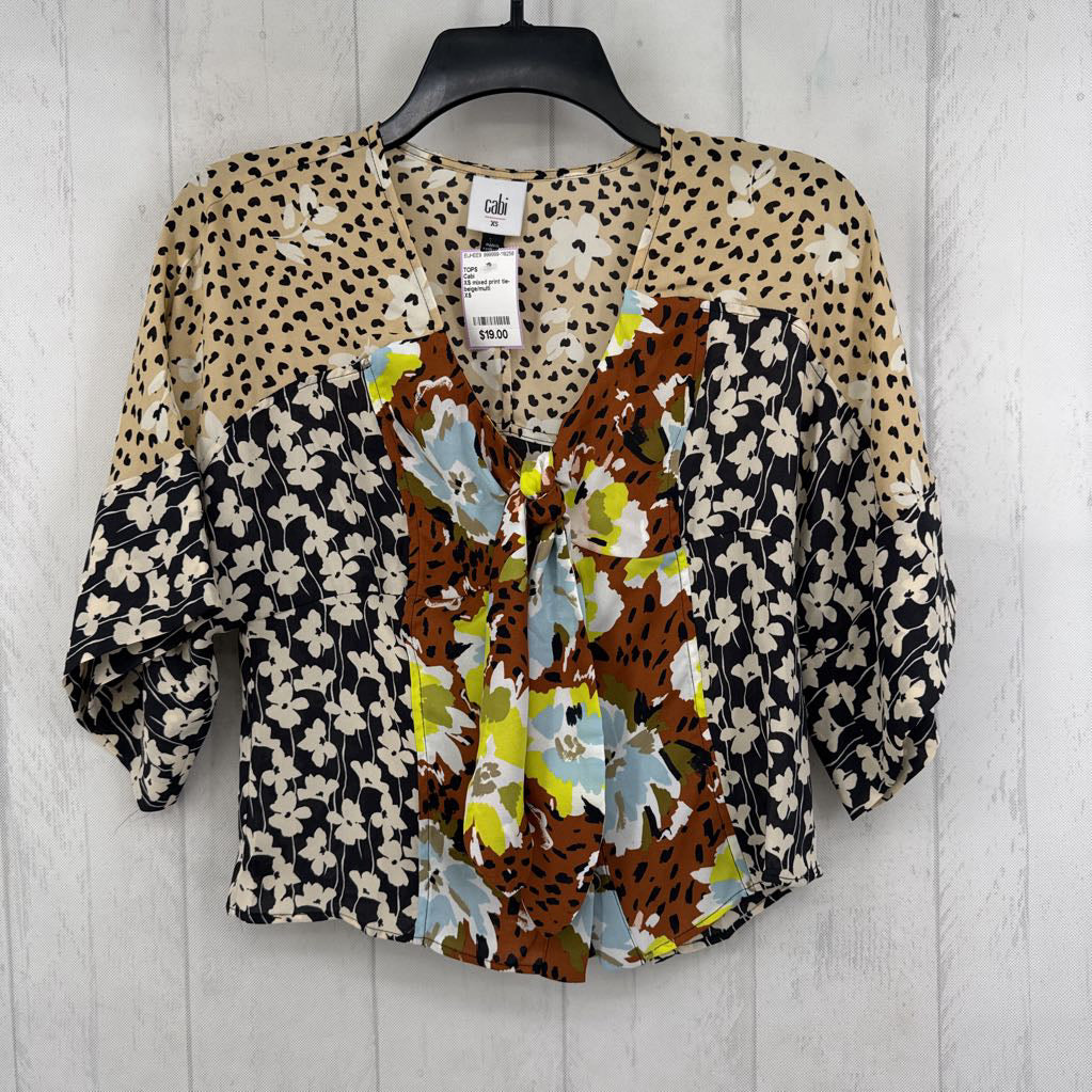 XS mixed print tie-front s/s top
