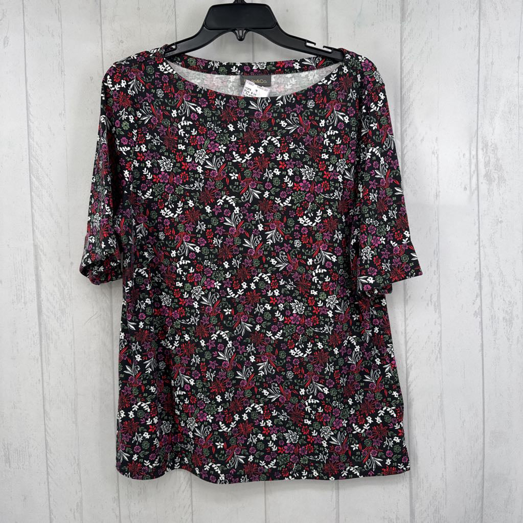 L flo print boat neck s/s top