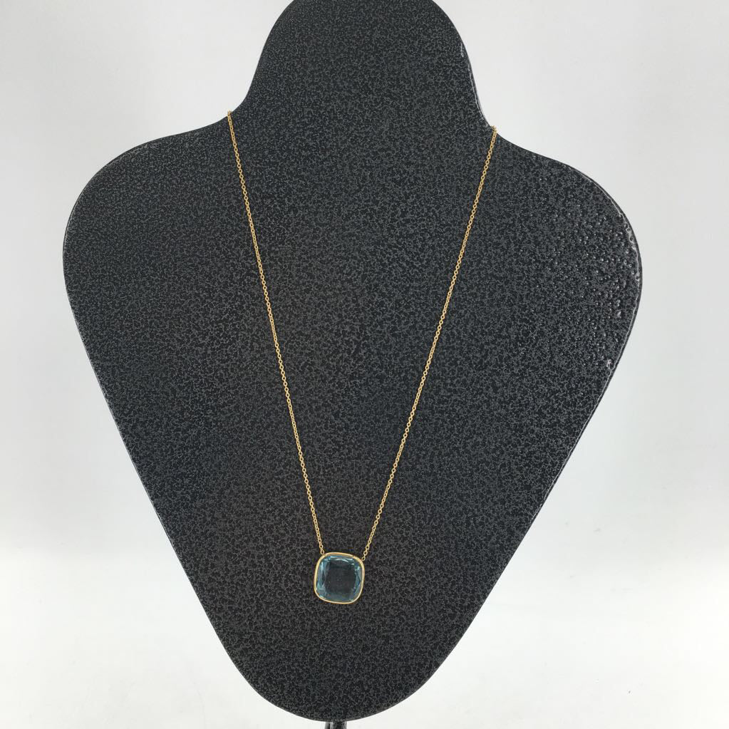 gold tone blue cushion-cut stone necklace