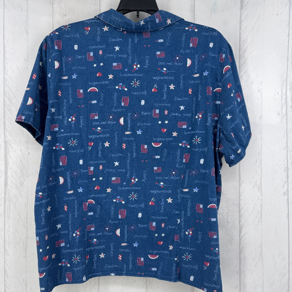 XL denim printed button down s/s top