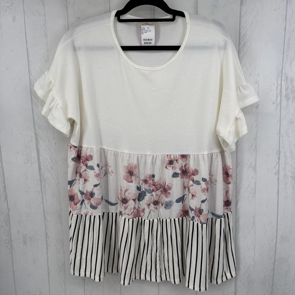 3XL waffle-knit mixed print s/s top