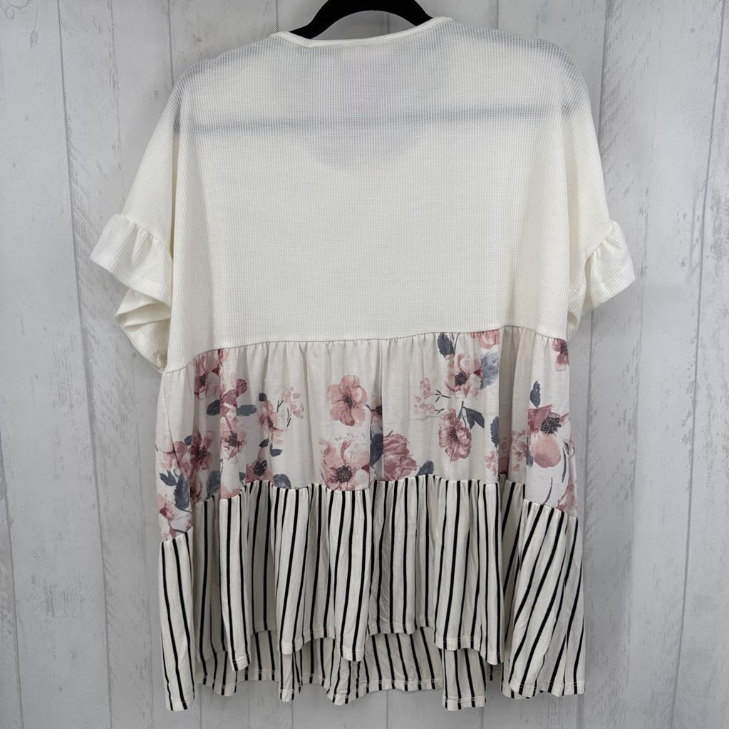 3XL waffle-knit mixed print s/s top