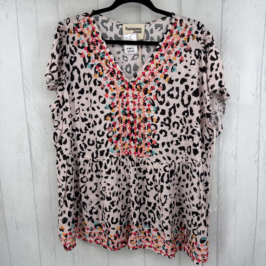 1X embroidered animal print flutter slv top s/s
