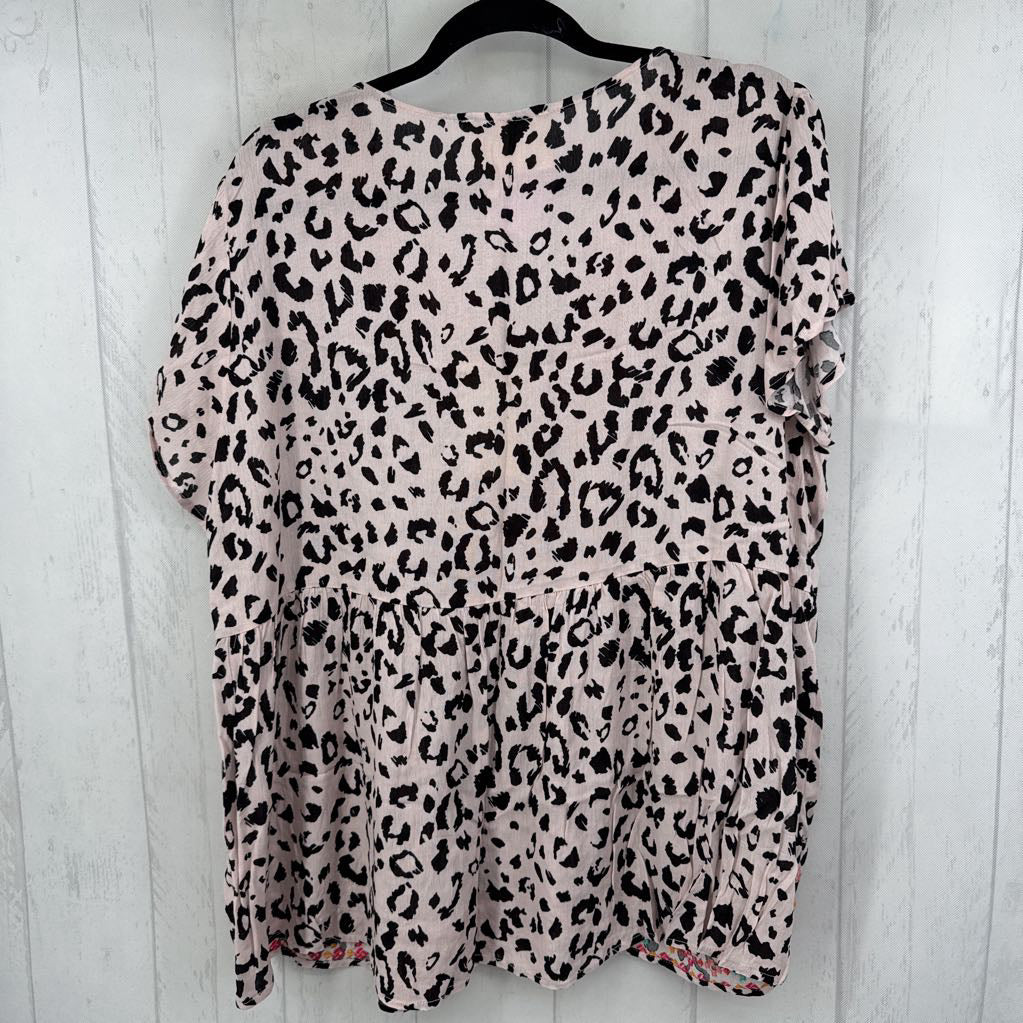 1X embroidered animal print flutter slv top s/s