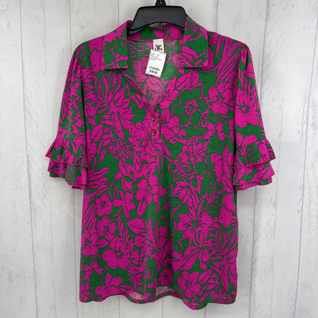L flo print button down s/s top