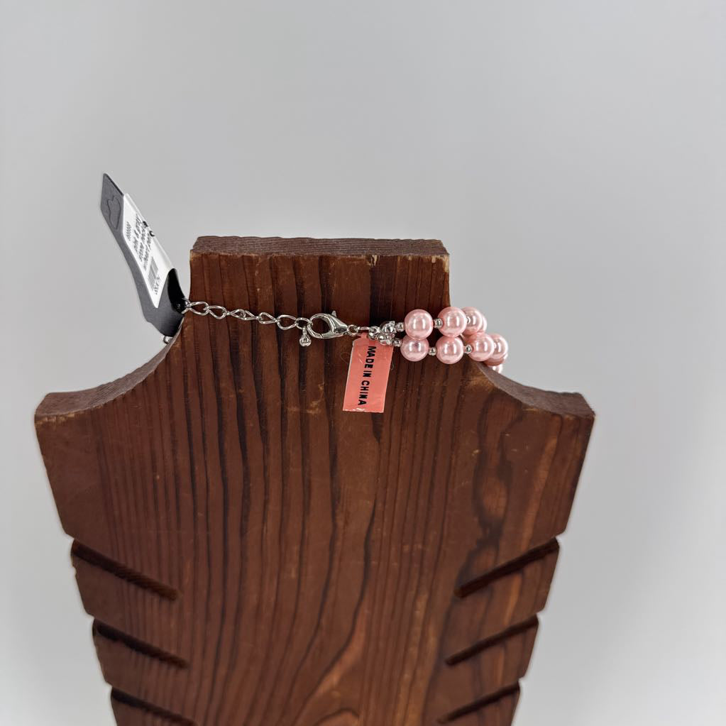 pink & gray beaded stone necklace w/heart pendant