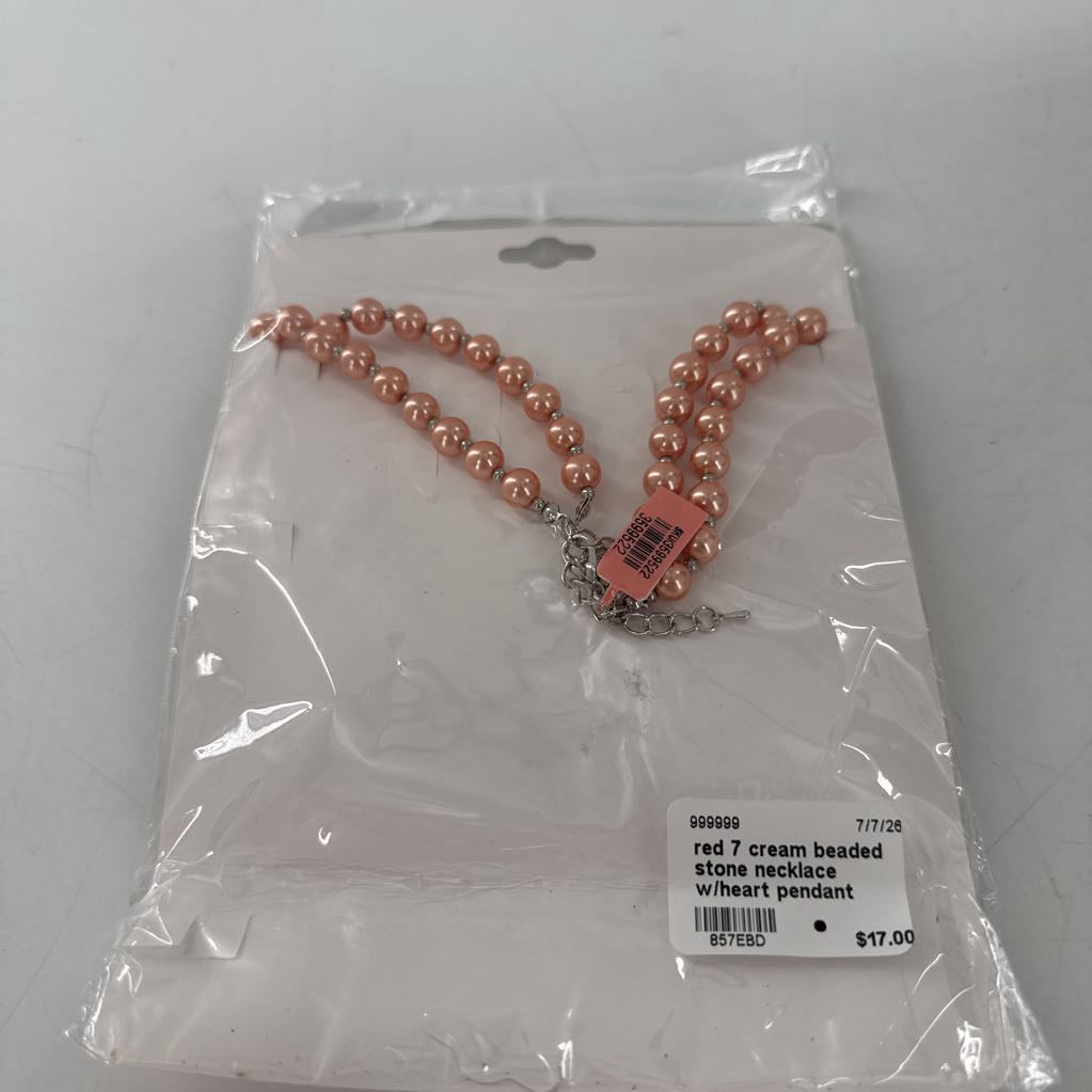 red 7 cream beaded stone necklace w/heart pendant