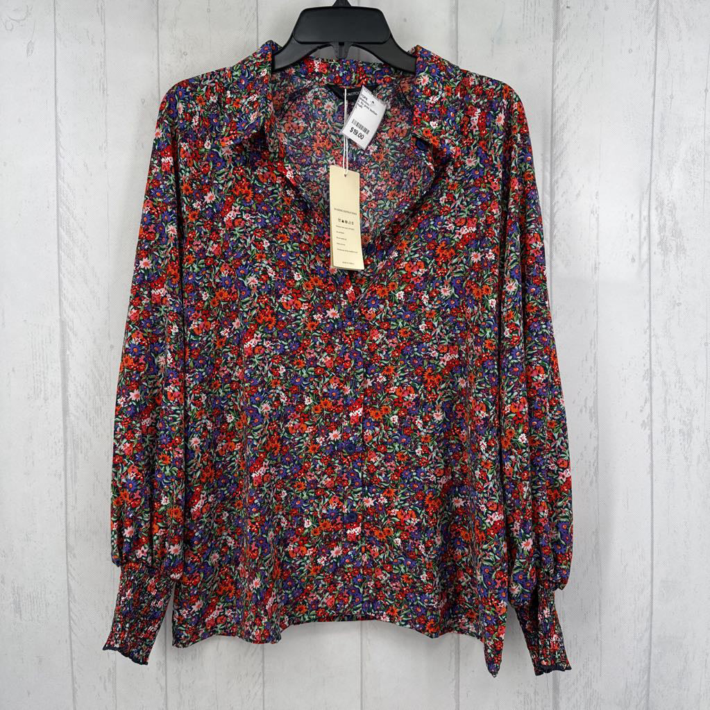 L flo print button down l/s top