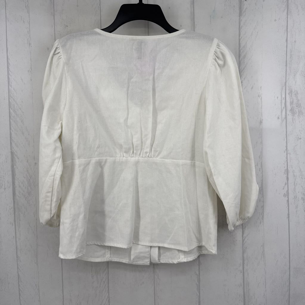 XL linen blend button front 3/4 slv top