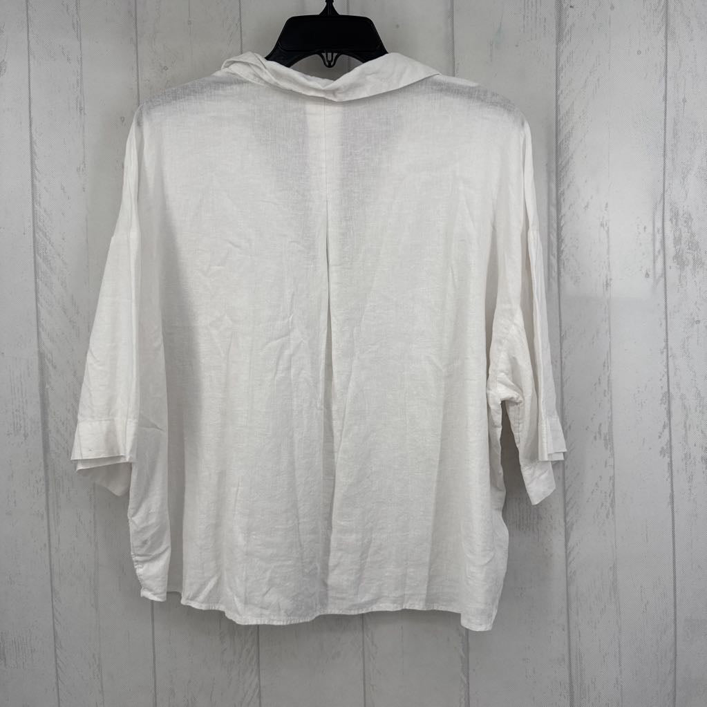 XL linen blend button down elbow slv top