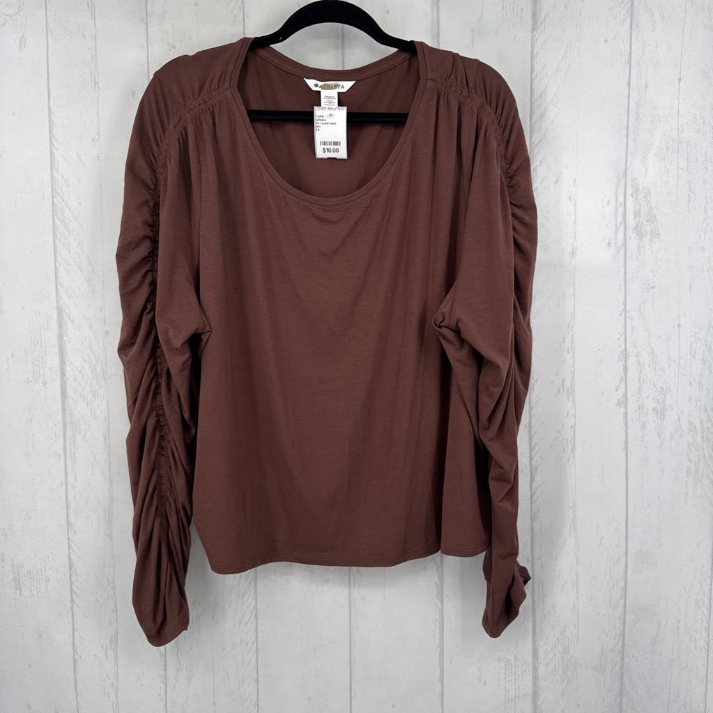 3X round neck ruched slv tee l/s