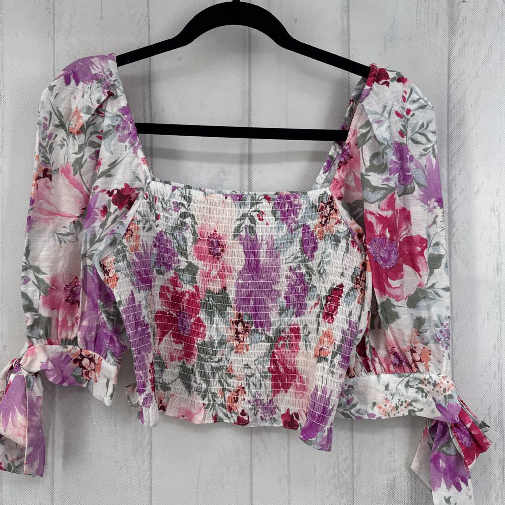 S flo print smocked s/s cropped top