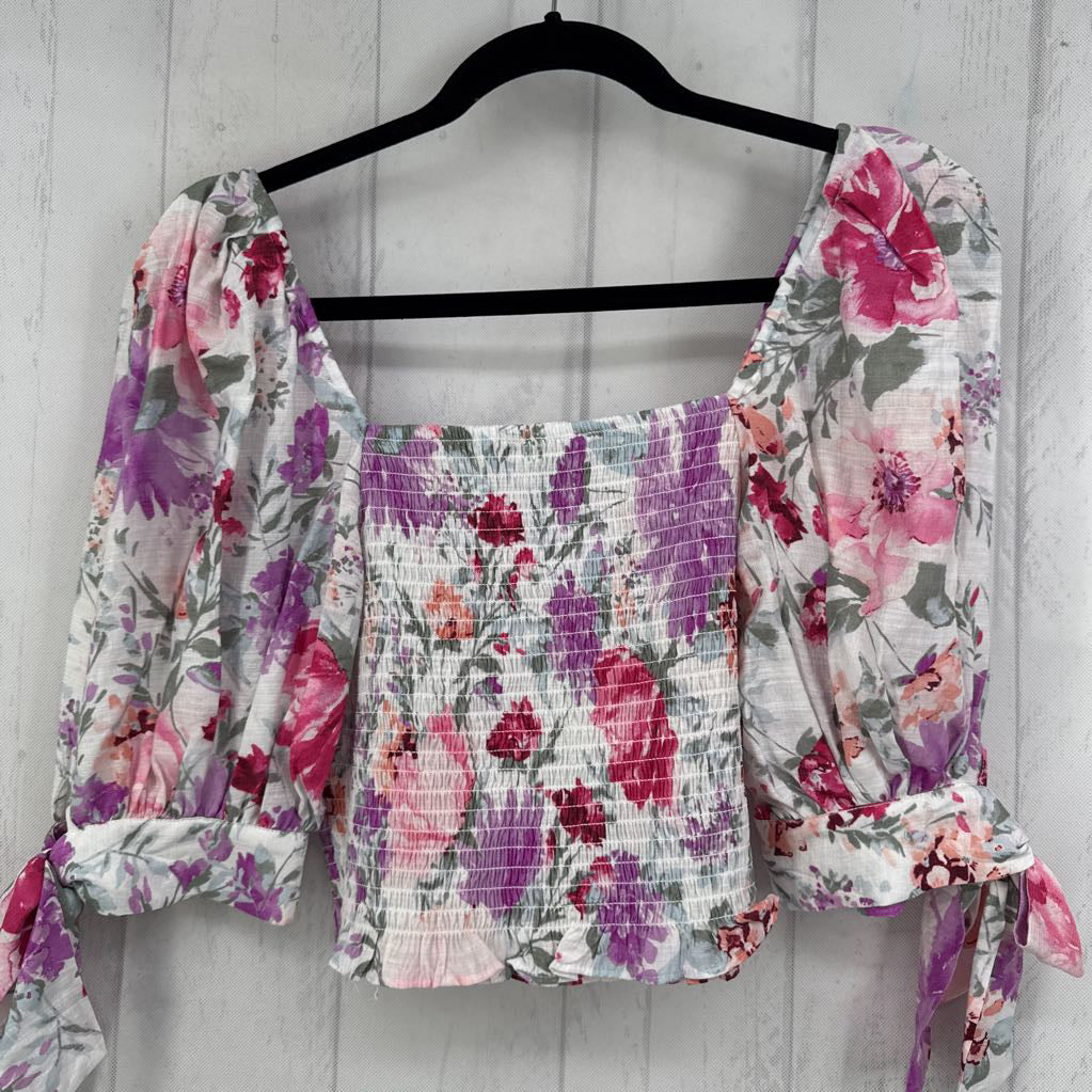S flo print smocked s/s cropped top