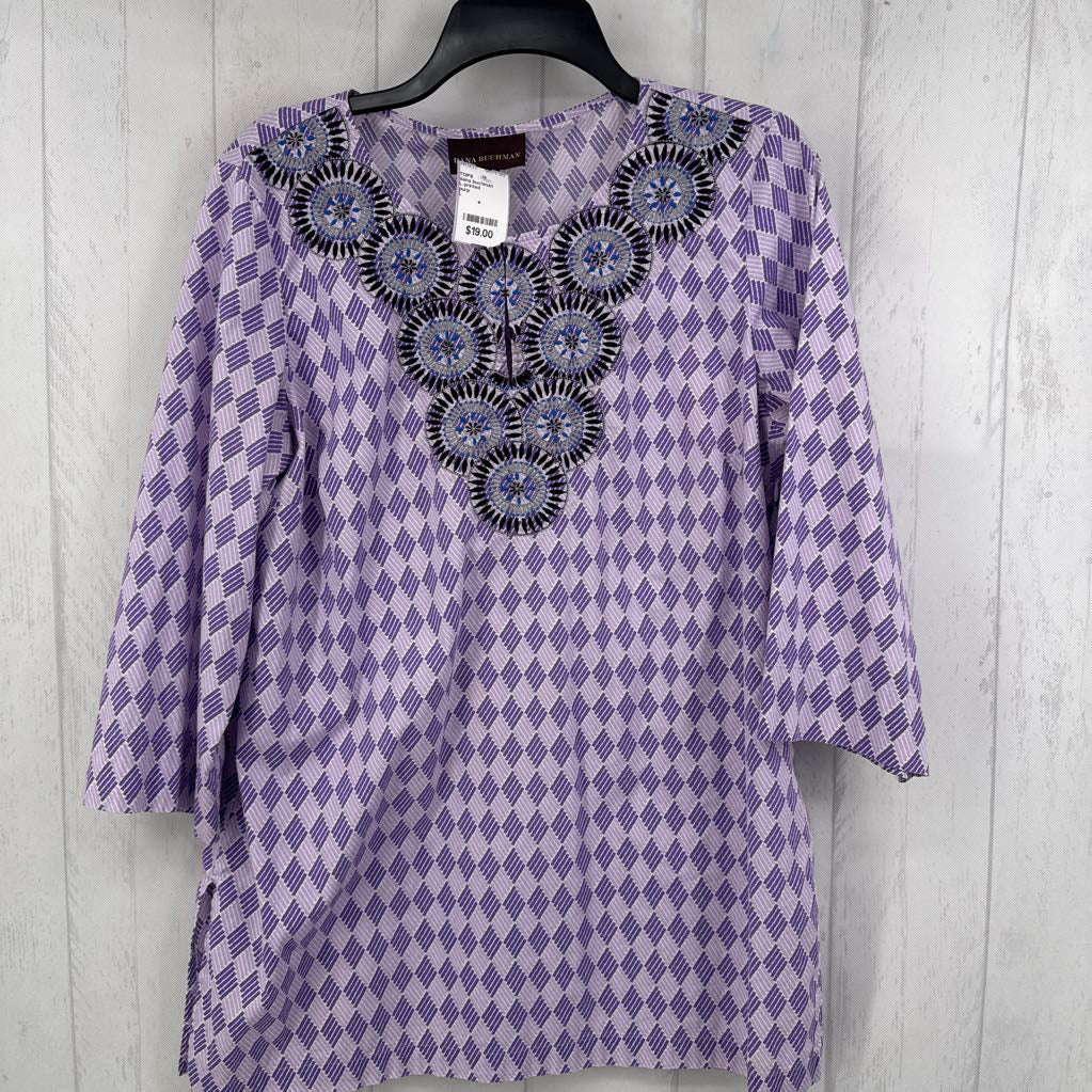L printed embroidered 3/4 slv top