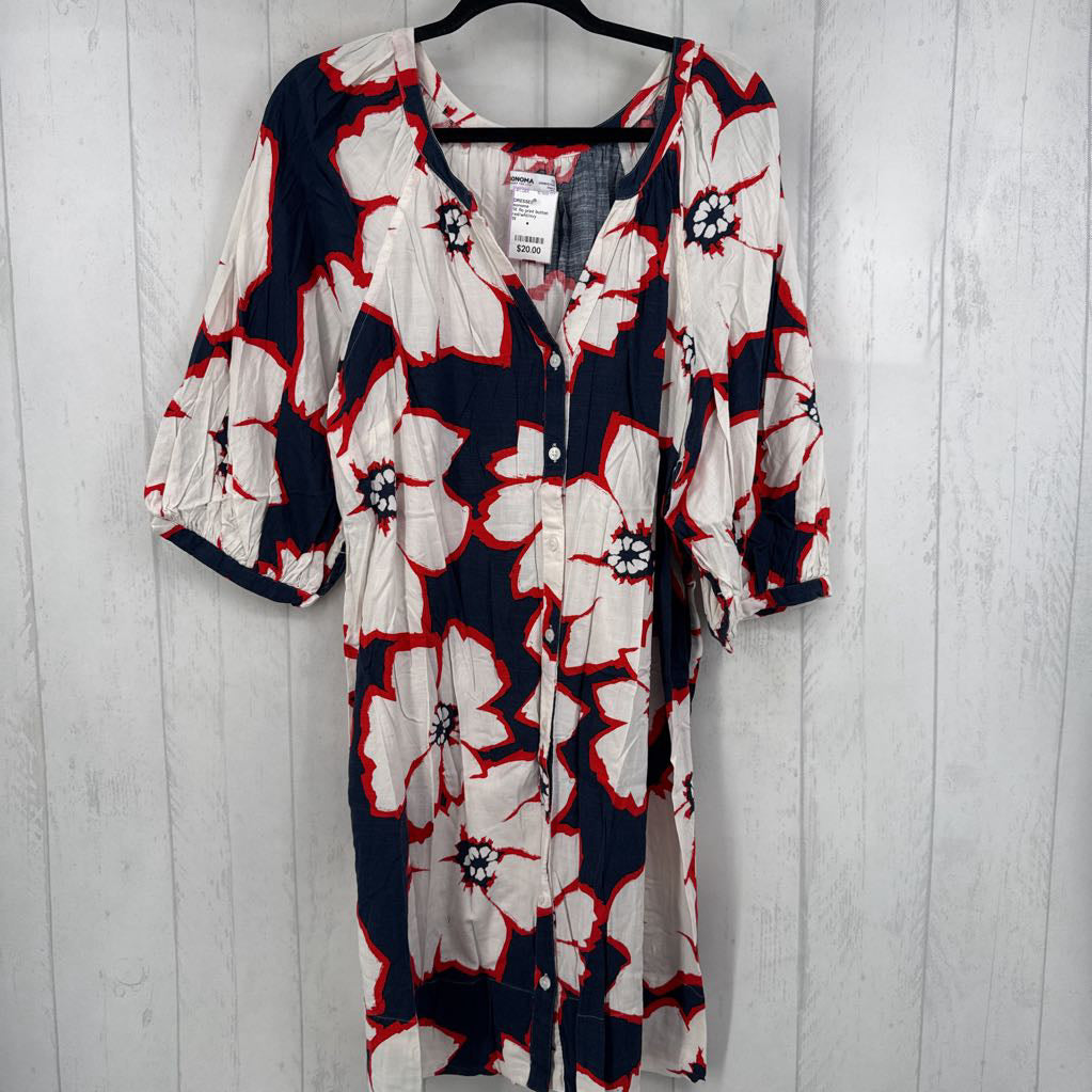 1X flo print button front 3/4 slv dress