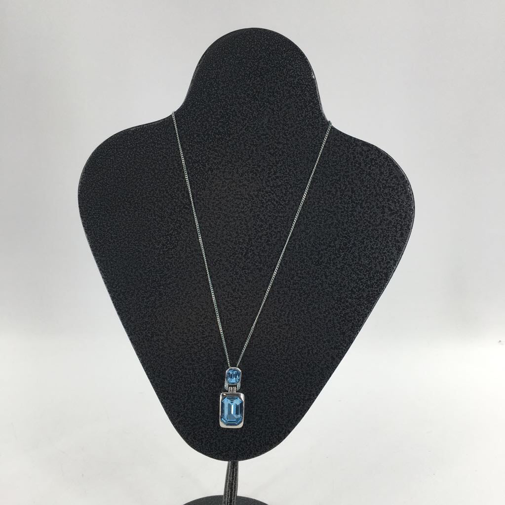 12" silver w/blue stone pendant necklace & earrings