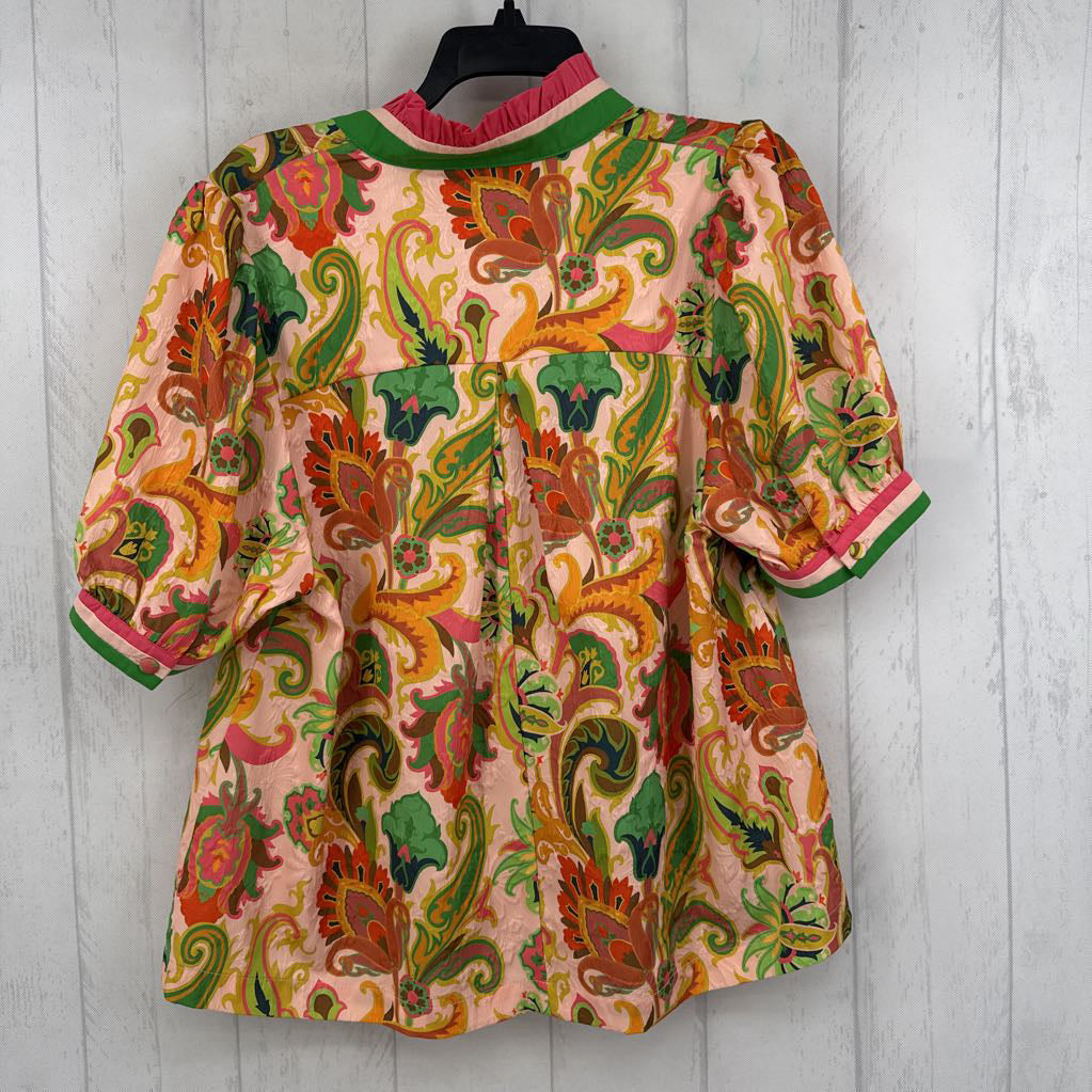 M colorful split neck s/s top