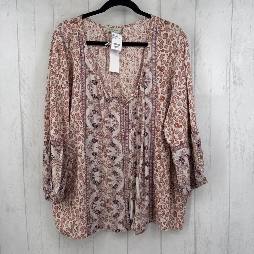 2X mixed print tie front l/s top