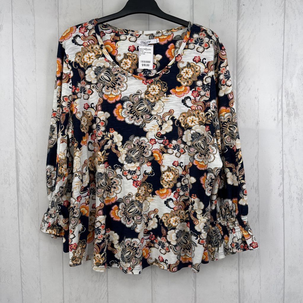 XL flo print scoop neck 3/4 slv tee