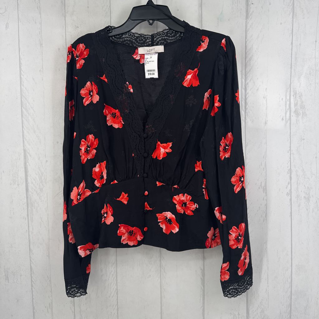XL flo print lace trim l/s top