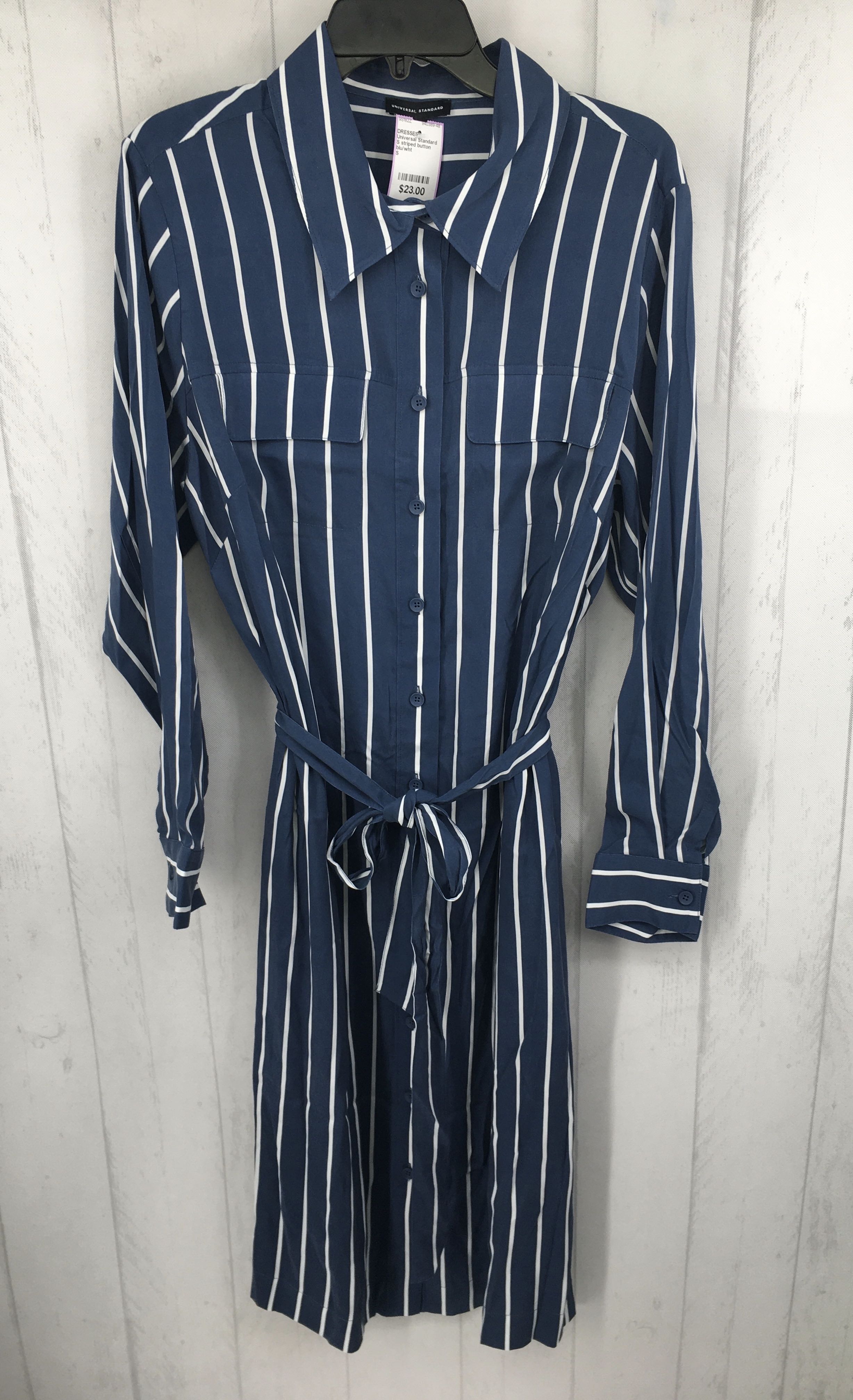 S striped button down belted l/s dress