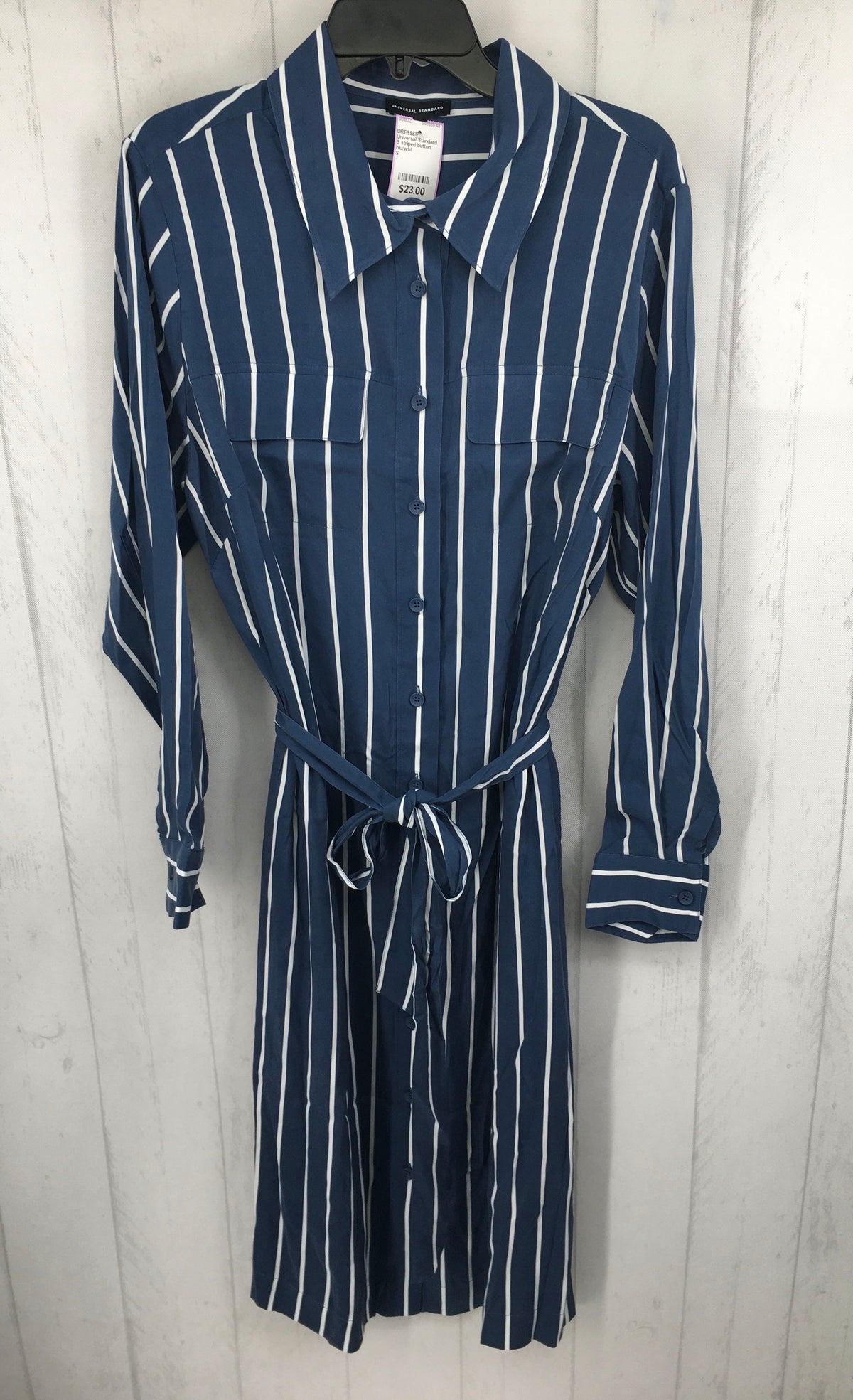 S striped button down belted l/s dress