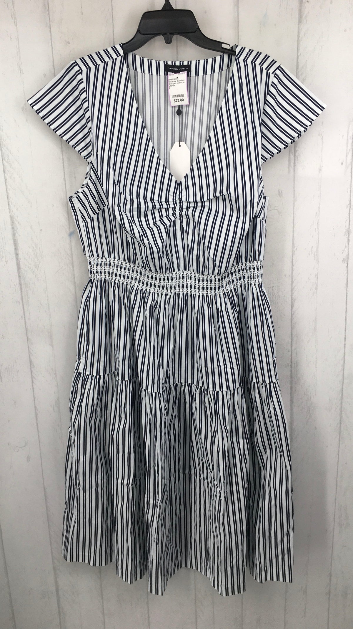 S striped ruched v-neck s/s tiered dress