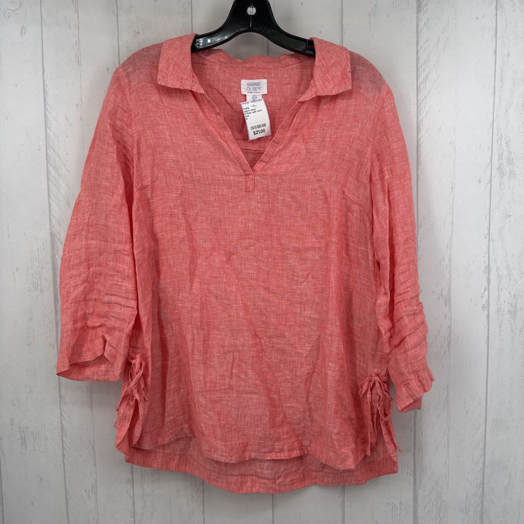 S linen split neck 3/4 slv top