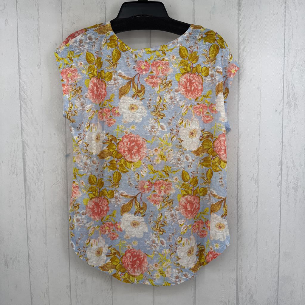 M linen flo print cap slv top