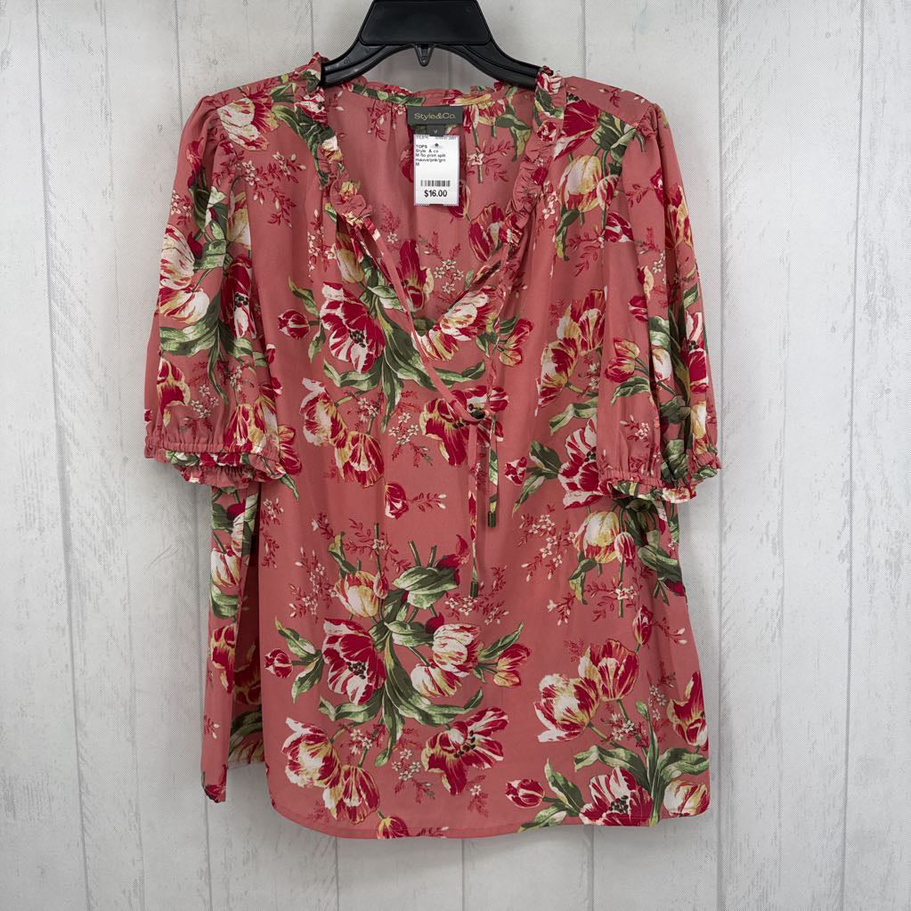 M flo print split neck s/s top