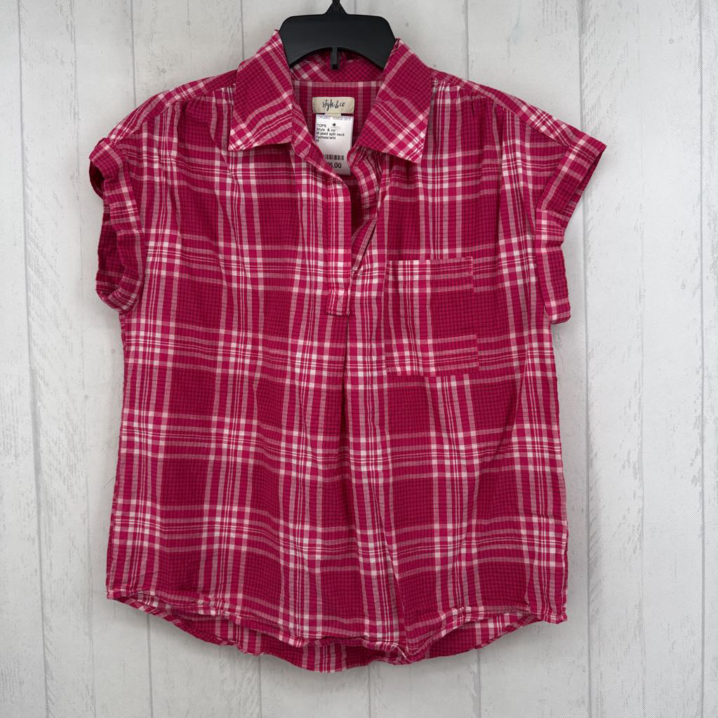 M plaid split neck s/s top