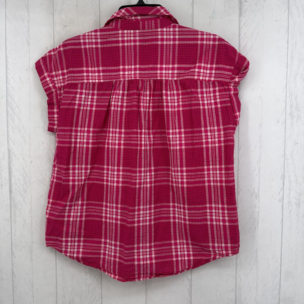 M plaid split neck s/s top
