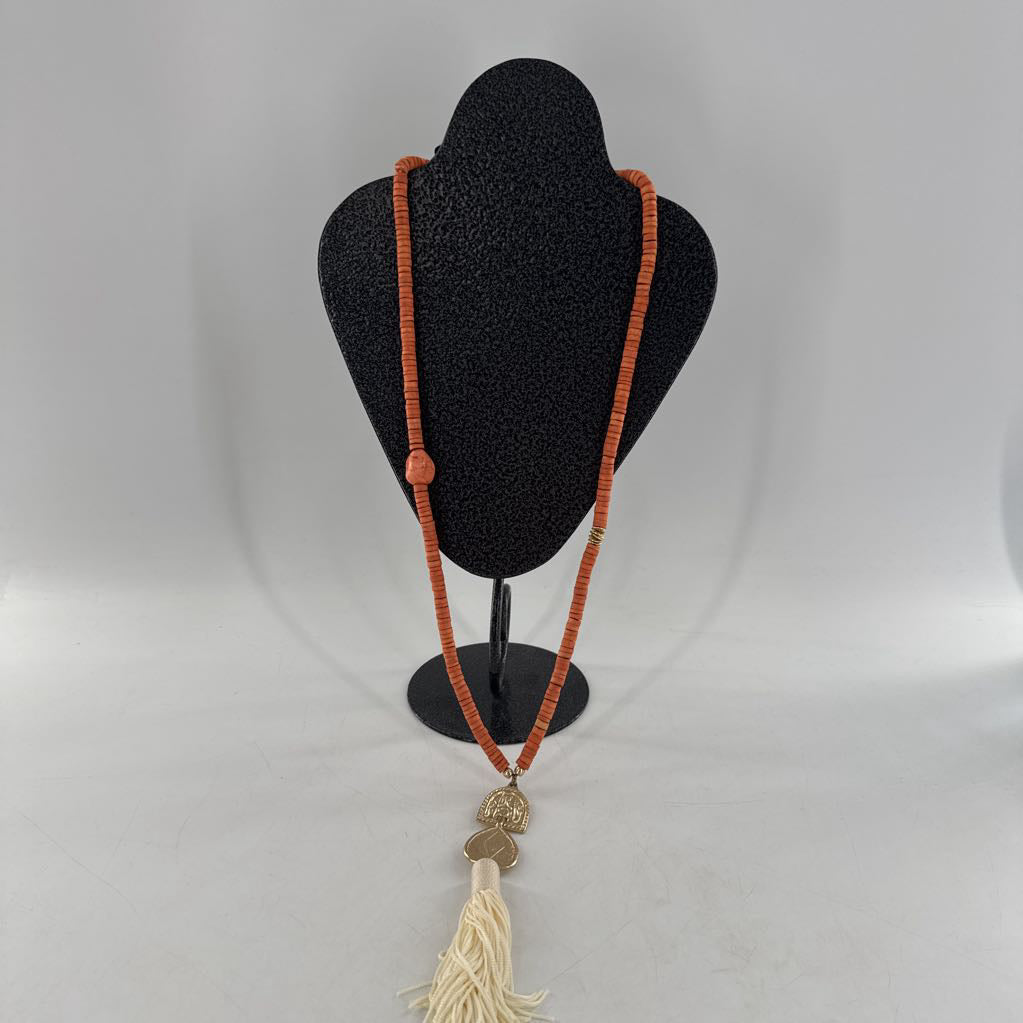 22" orange beaded tassel necklace