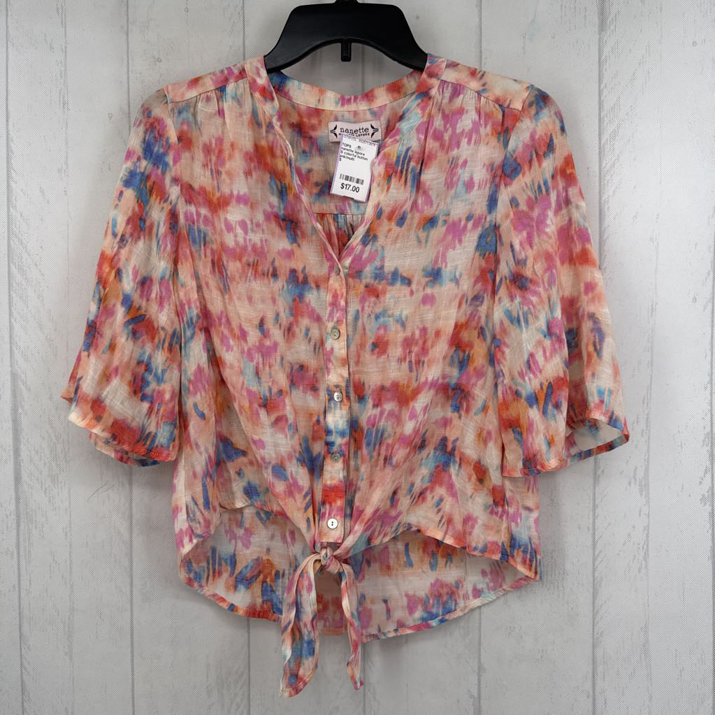 S colorful button down elbow slv top