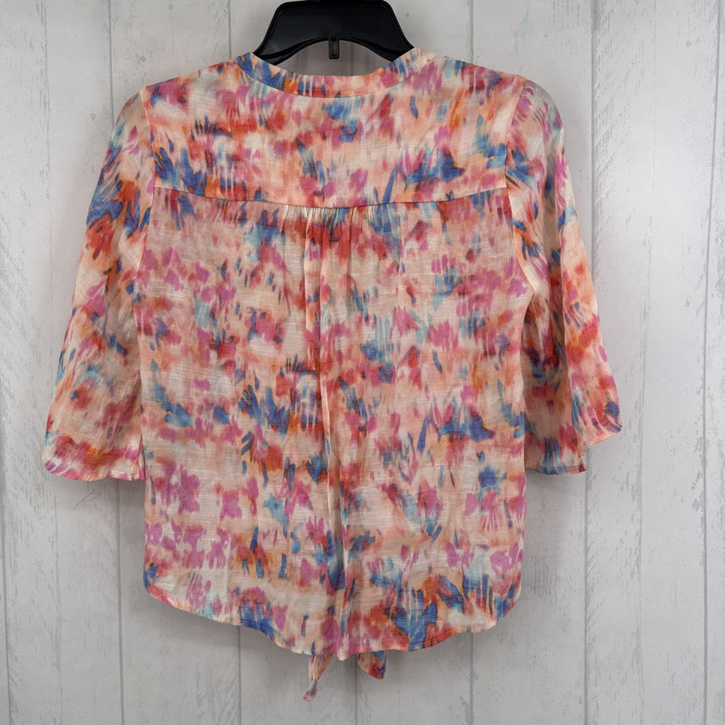 S colorful button down elbow slv top