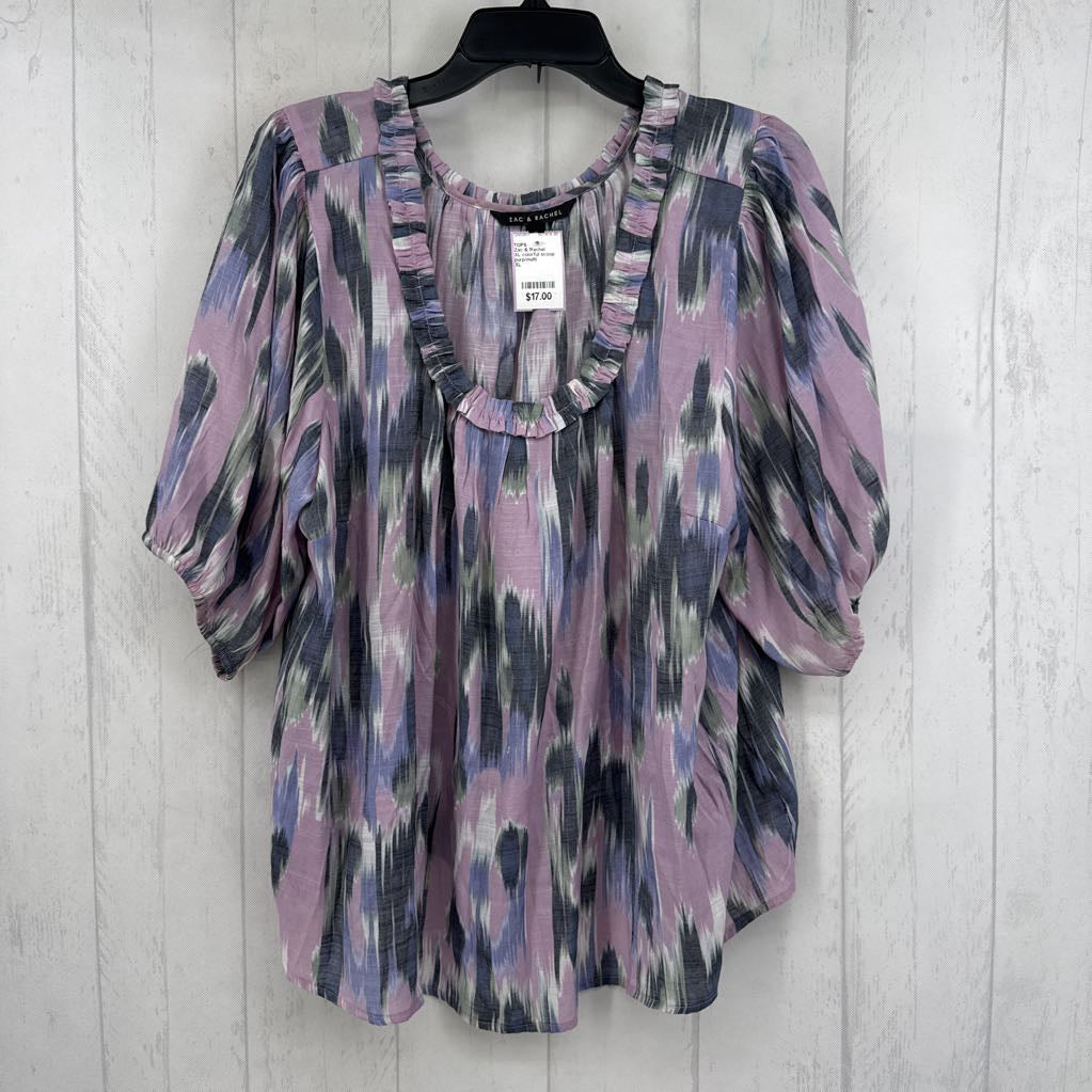 XL colorful scoop neck elbow slv top