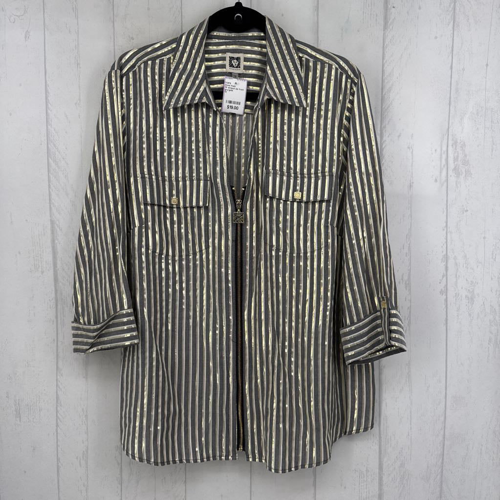 1X striped zip front 3/4 slv top