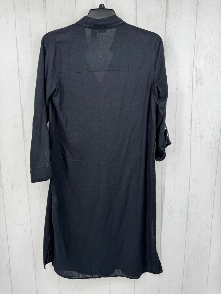 S linen blend button down tab slv top