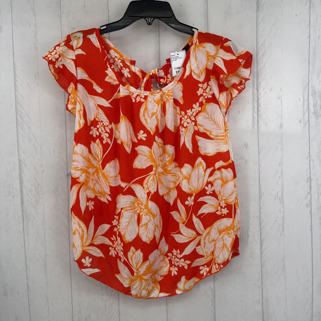 S flo print bow back flutter slv top