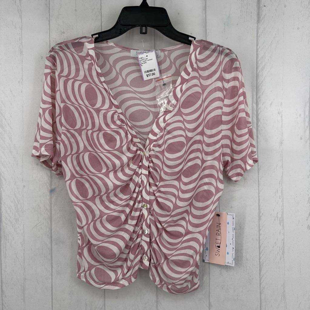 XL mesh ruched button down s/s top