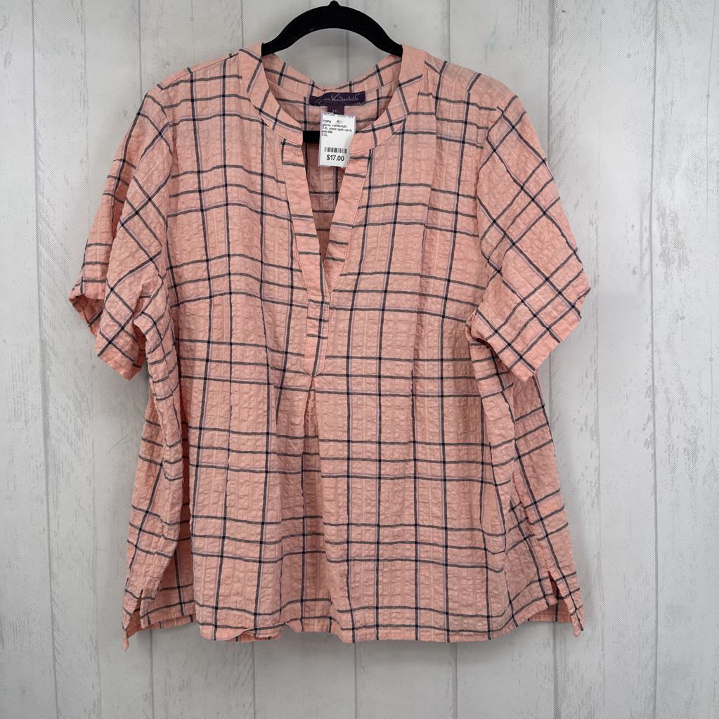 XXL plaid split neck s/s top