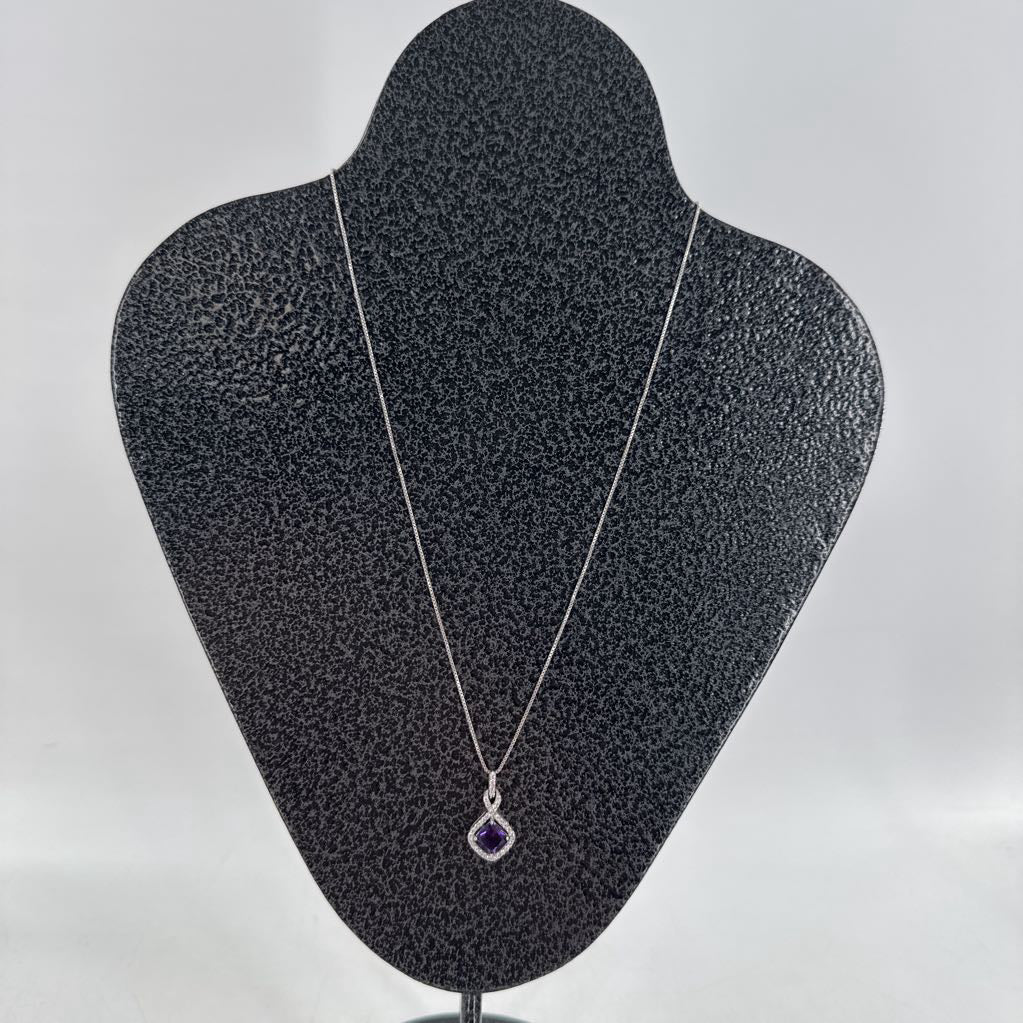 10" .925 silver necklace w purple stone pendant