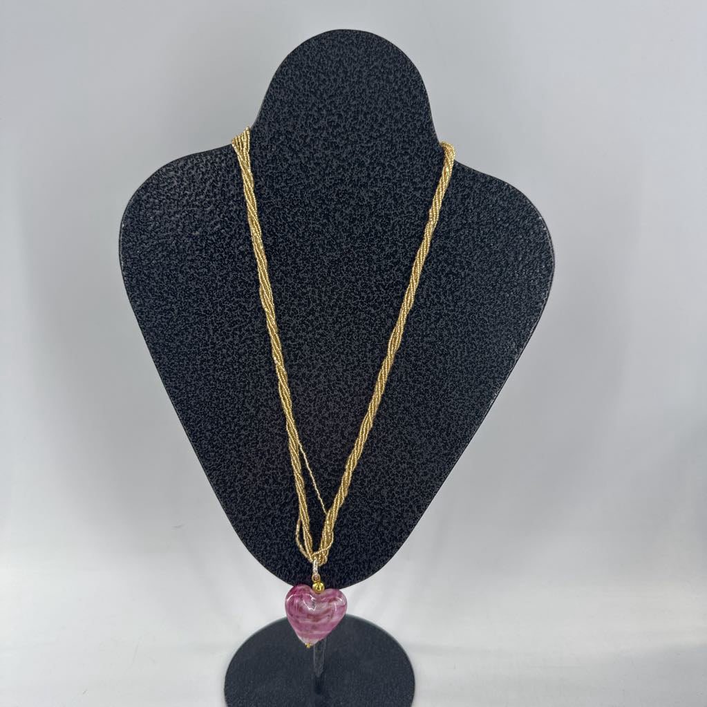 12" gold beaded necklace w/ pink heart pendant