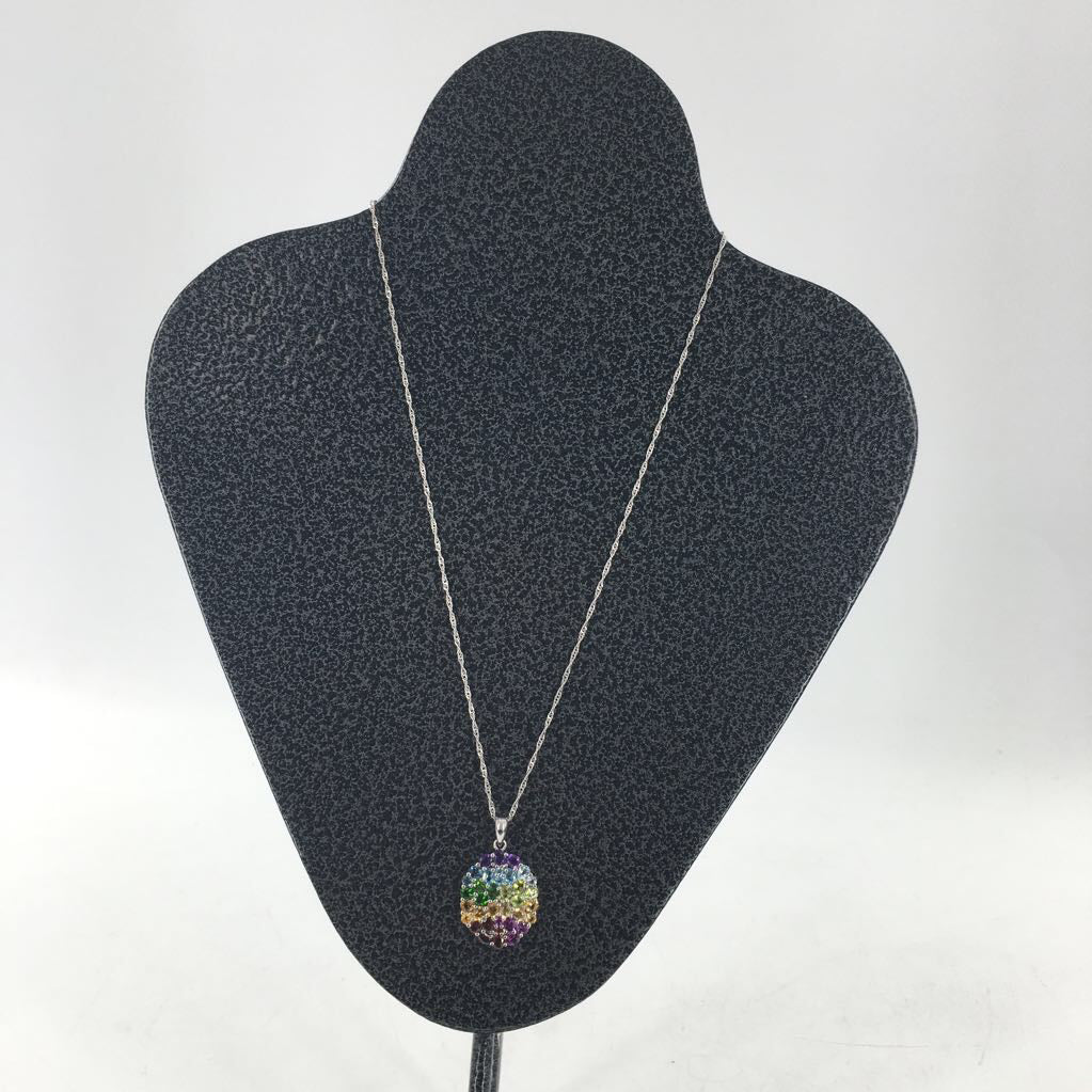 10" .925 silver necklace w/ colorful jewels pendant