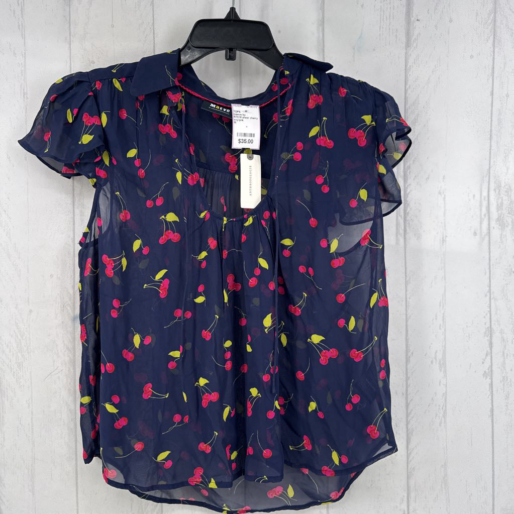 R70 M sheer cherry print flutter slv top