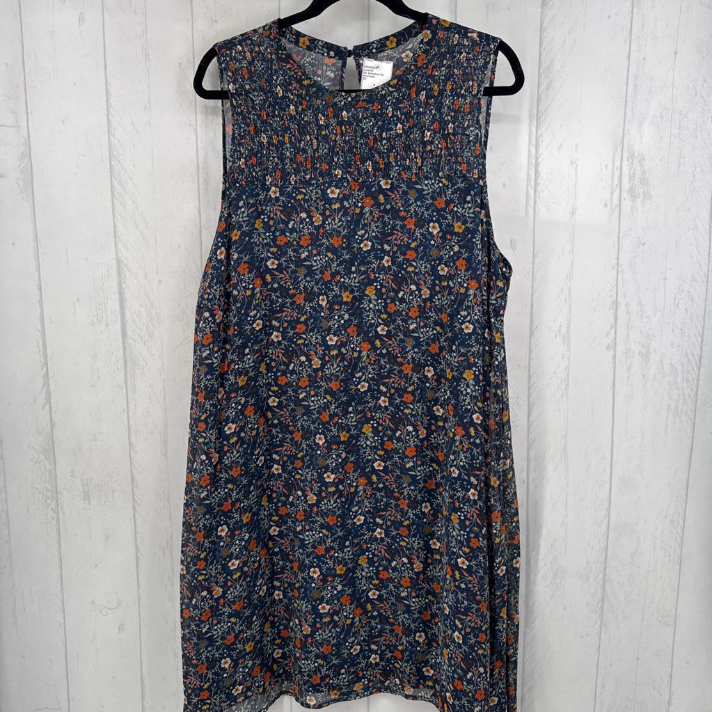 2X smocked flo print slvls dress