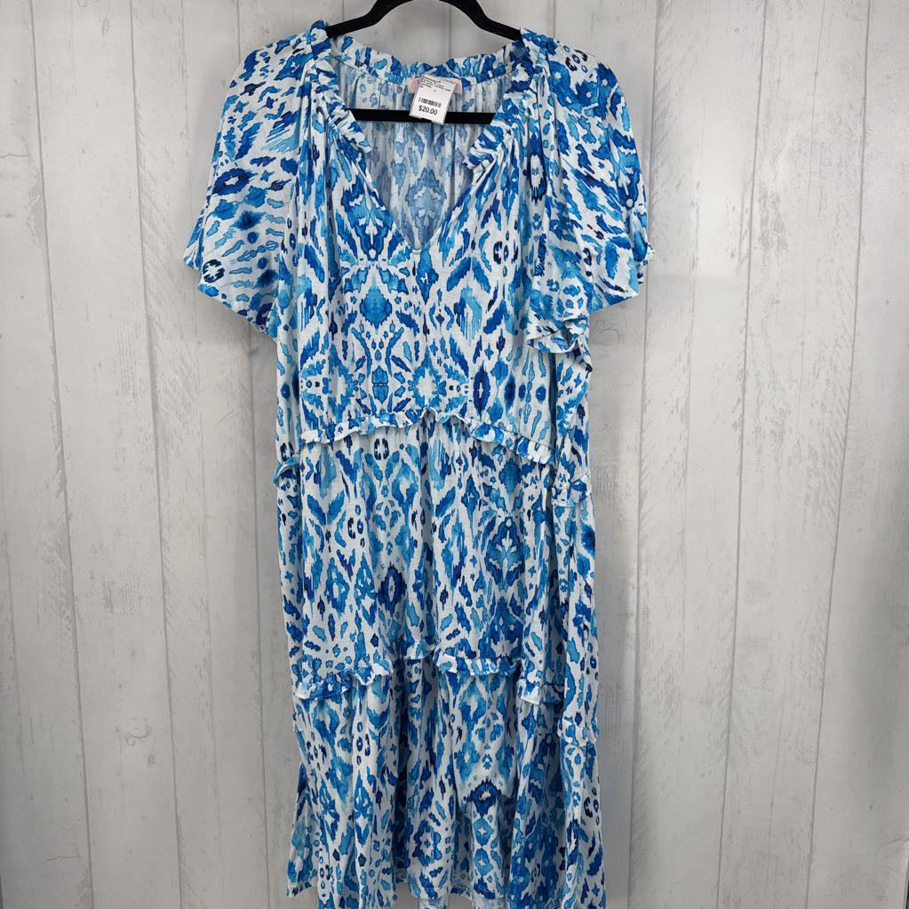 2X print ruffled split neck s/s dress