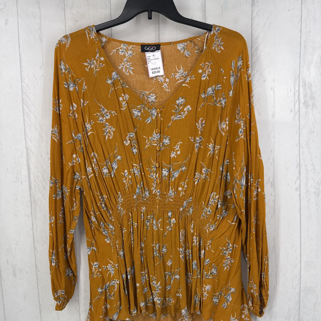 M floral smocked l/s top