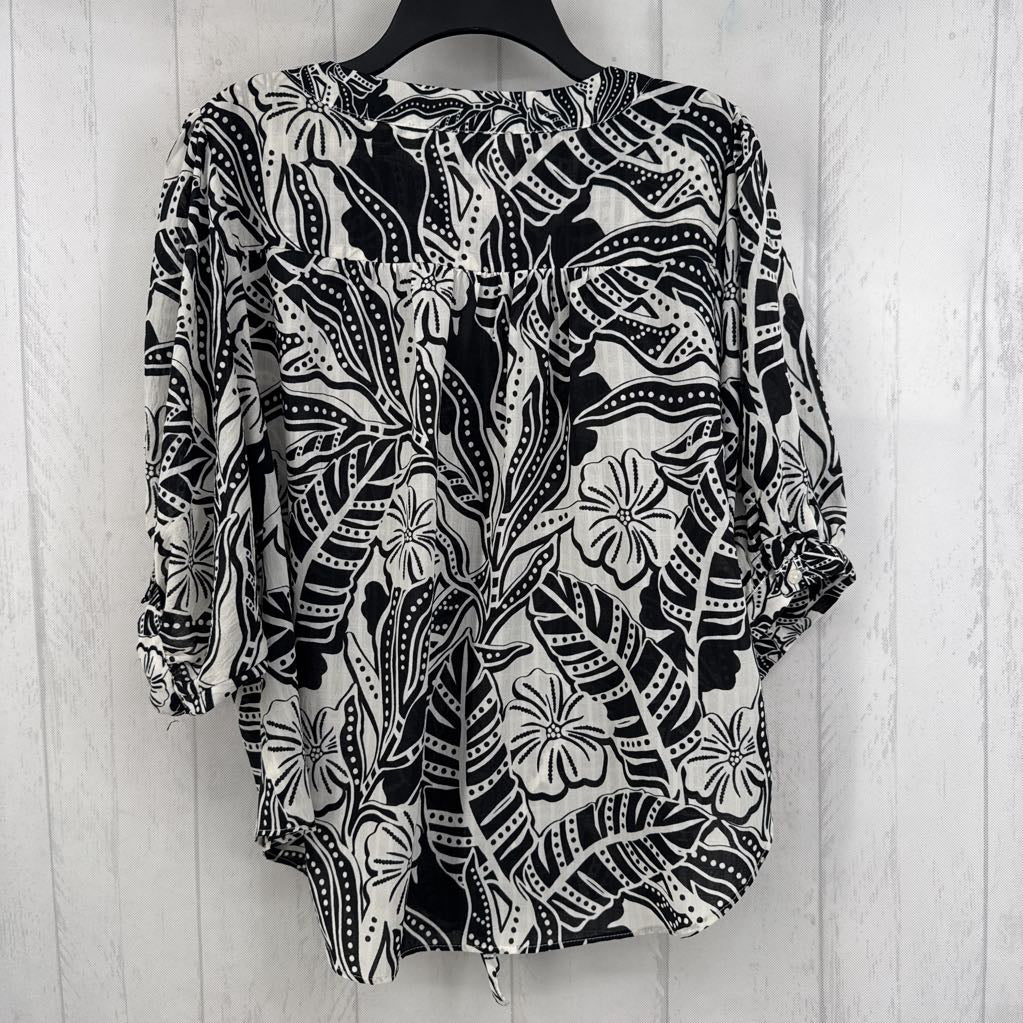M flo print split neck elbow slv top