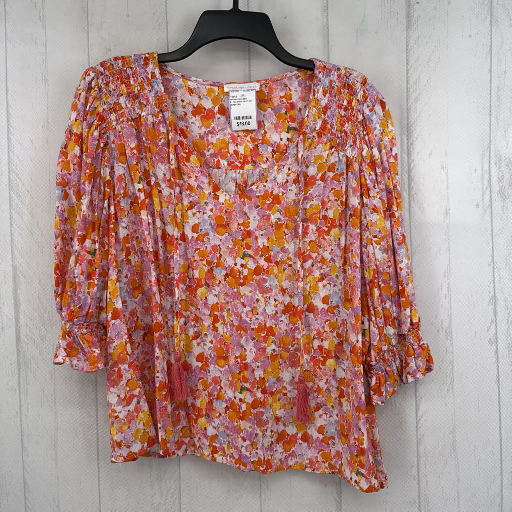 L flo print tie-front elbow slv top